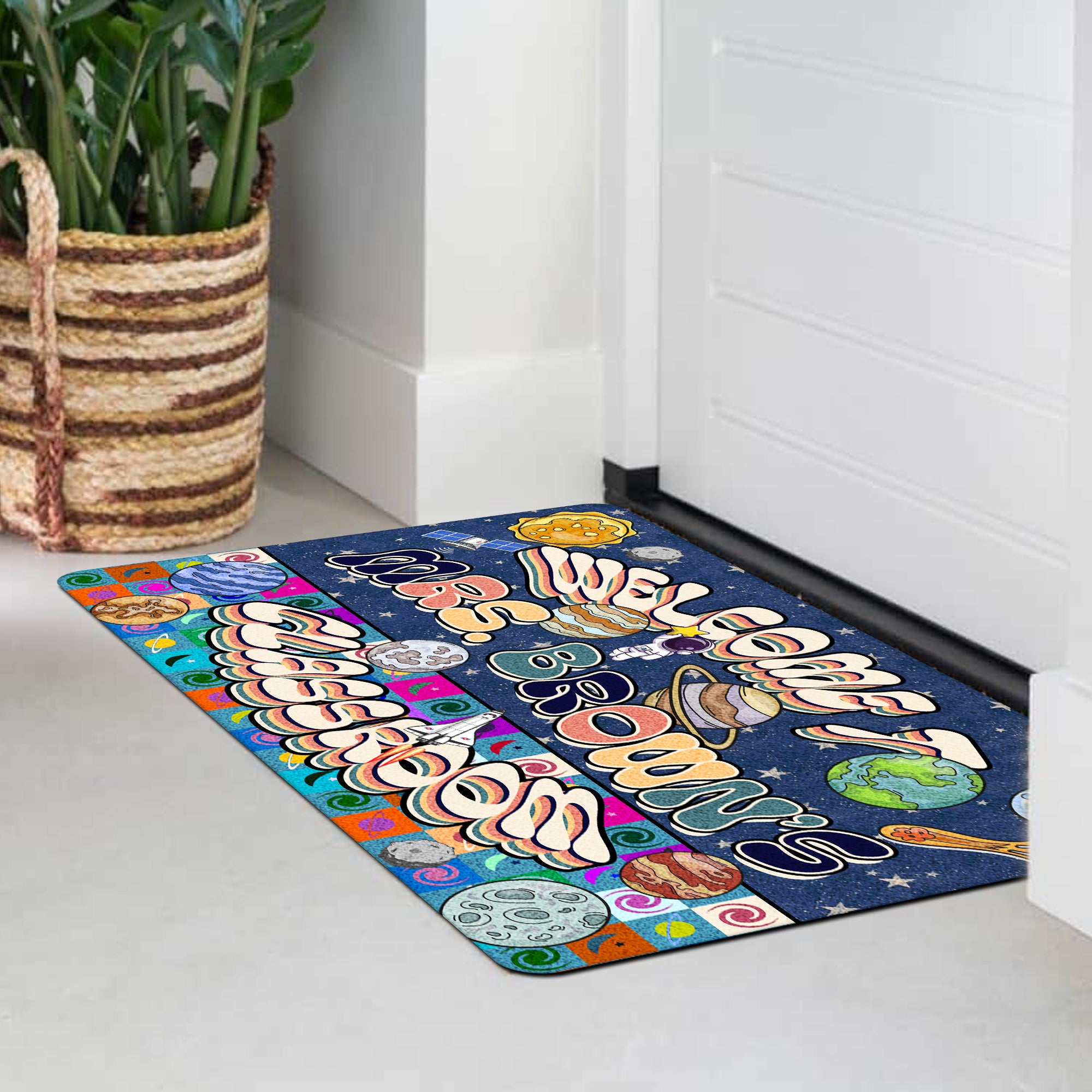 Space Theme Teacher Doormat - Welcome to the Classroom Rug - Personalized Galaxy Decor for Future Astronauts