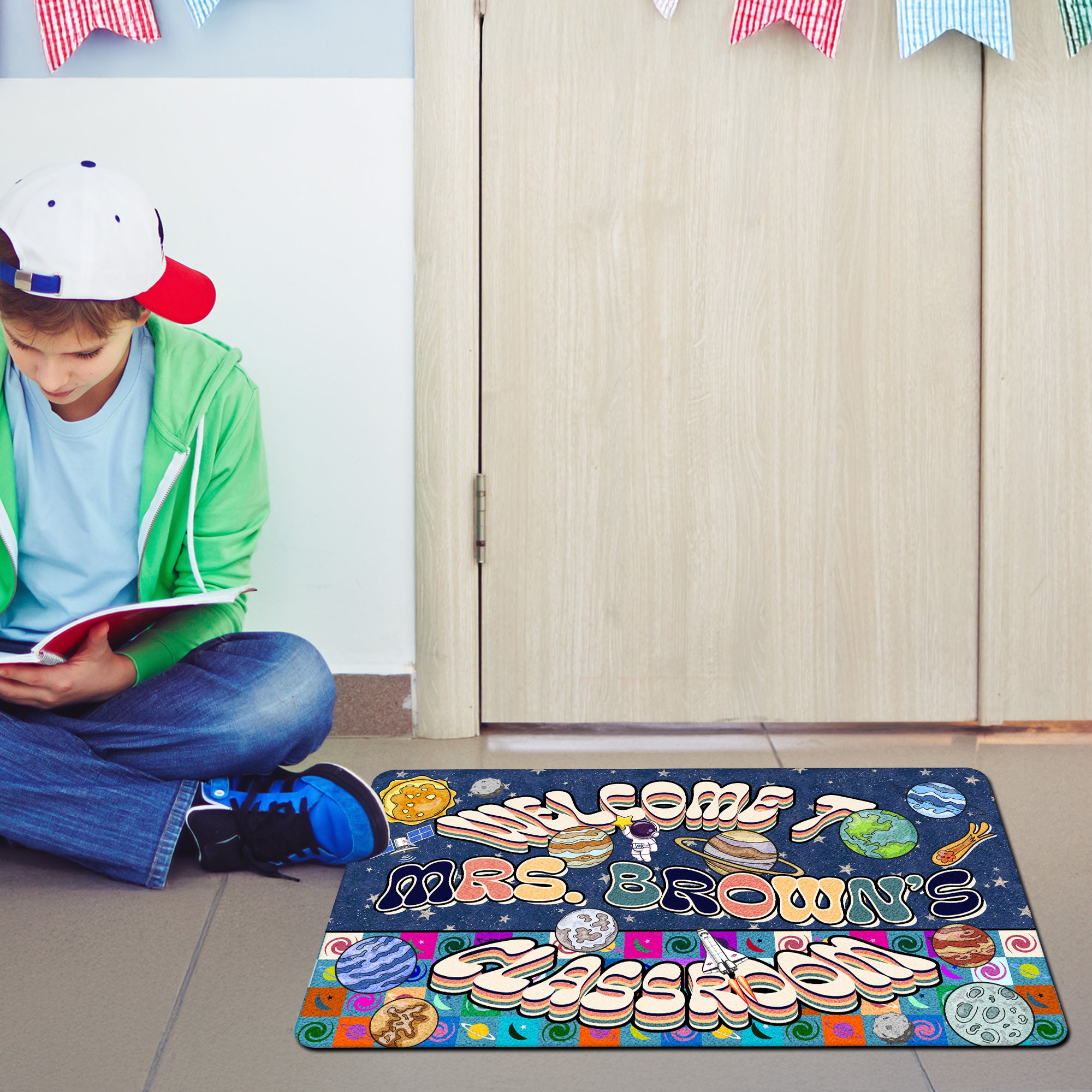 Space Theme Teacher Doormat - Welcome to the Classroom Rug - Personalized Galaxy Decor for Future Astronauts