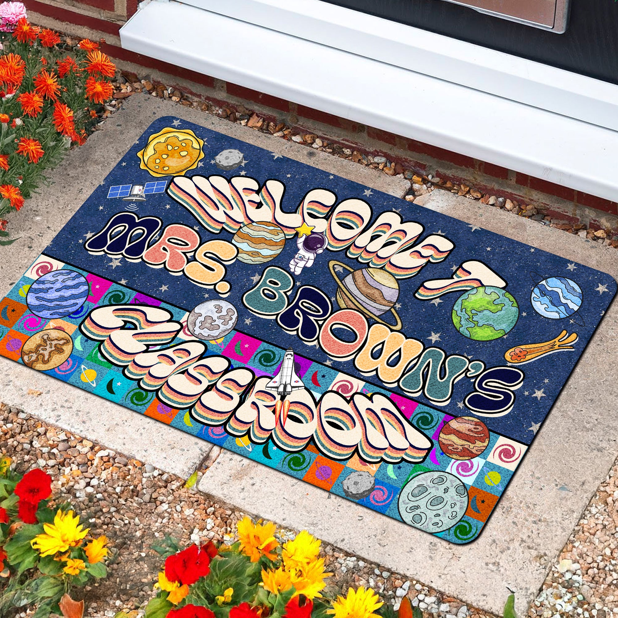 Space Theme Teacher Doormat - Welcome to the Classroom Rug - Personalized Galaxy Decor for Future Astronauts