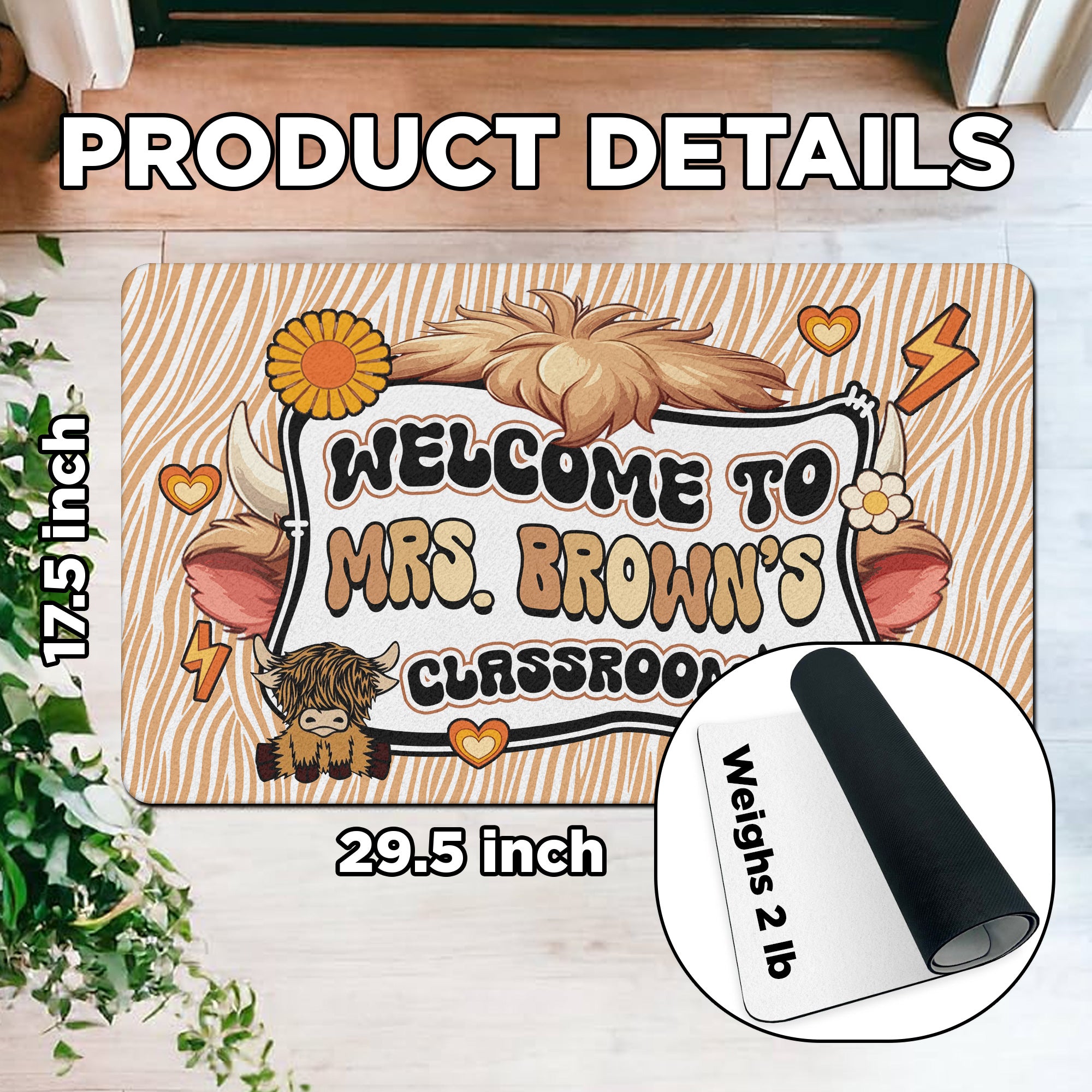 Highland Cow Teacher Doormat - Welcome to the Classroom Rug - Rustic Farm Animal Decor for Teachers