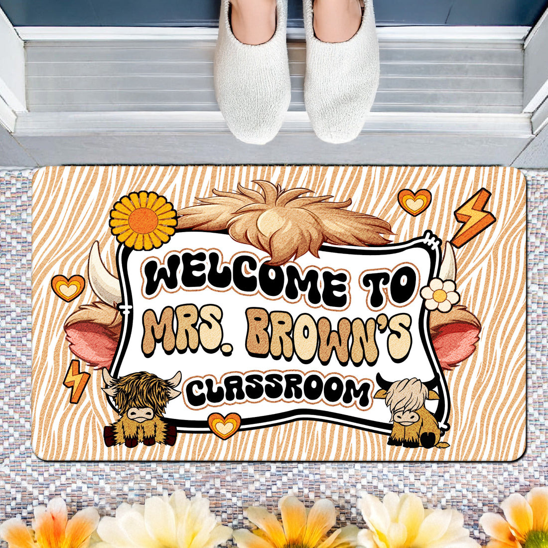 Highland Cow Teacher Doormat - Welcome to the Classroom Rug - Rustic Farm Animal Decor for Teachers