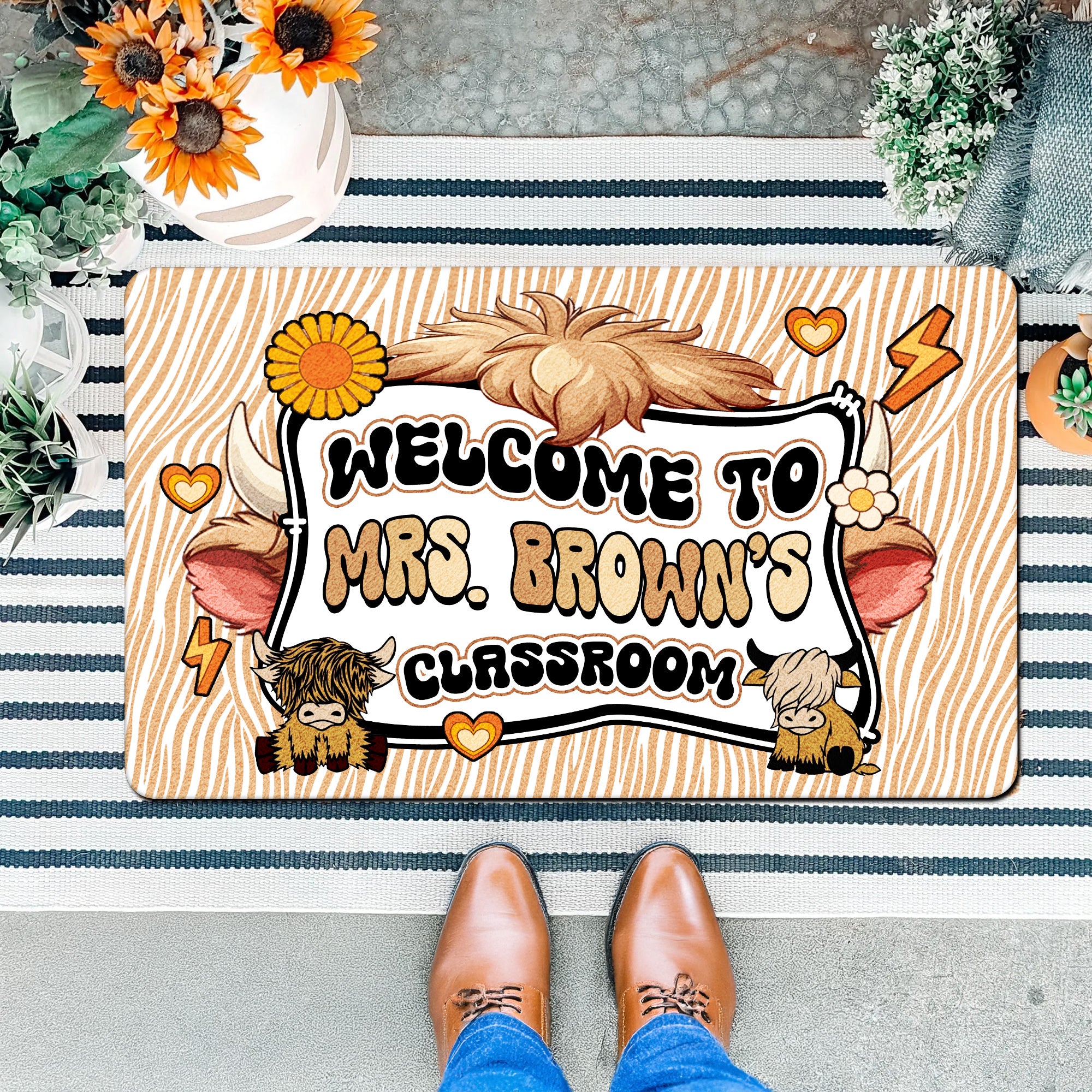 Highland Cow Teacher Doormat - Welcome to the Classroom Rug - Rustic Farm Animal Decor for Teachers