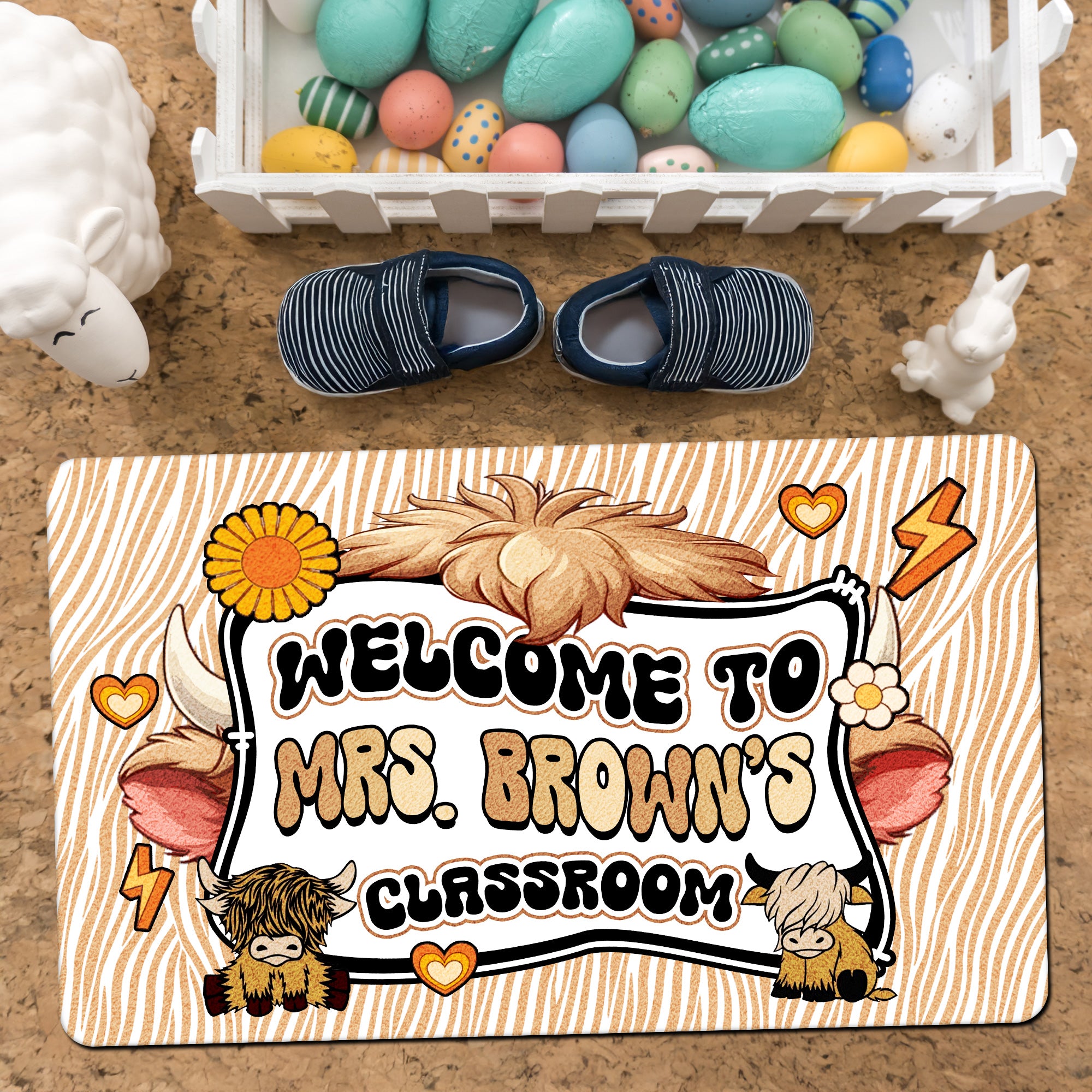 Highland Cow Teacher Doormat - Welcome to the Classroom Rug - Rustic Farm Animal Decor for Teachers