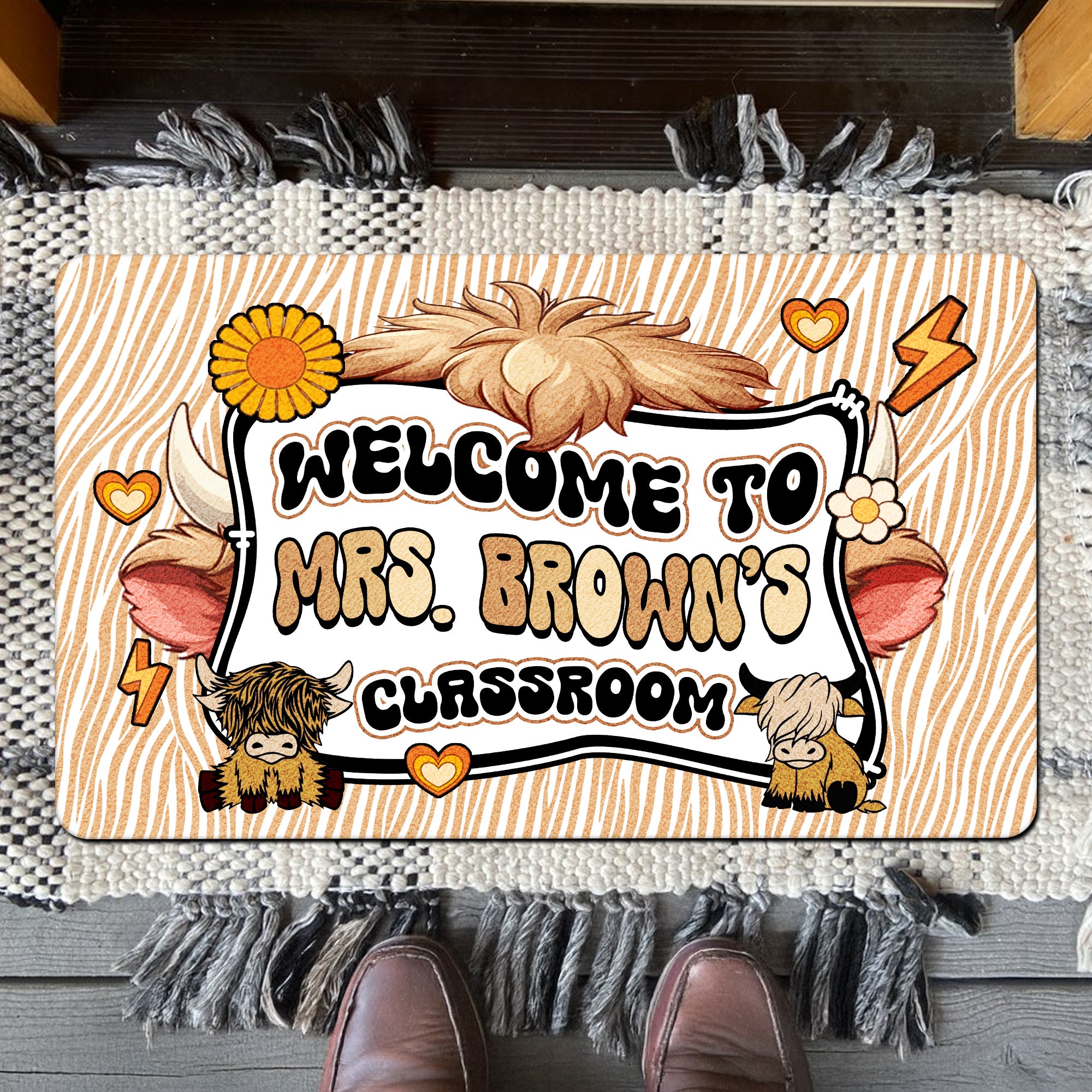 Highland Cow Teacher Doormat - Welcome to the Classroom Rug - Rustic Farm Animal Decor for Teachers