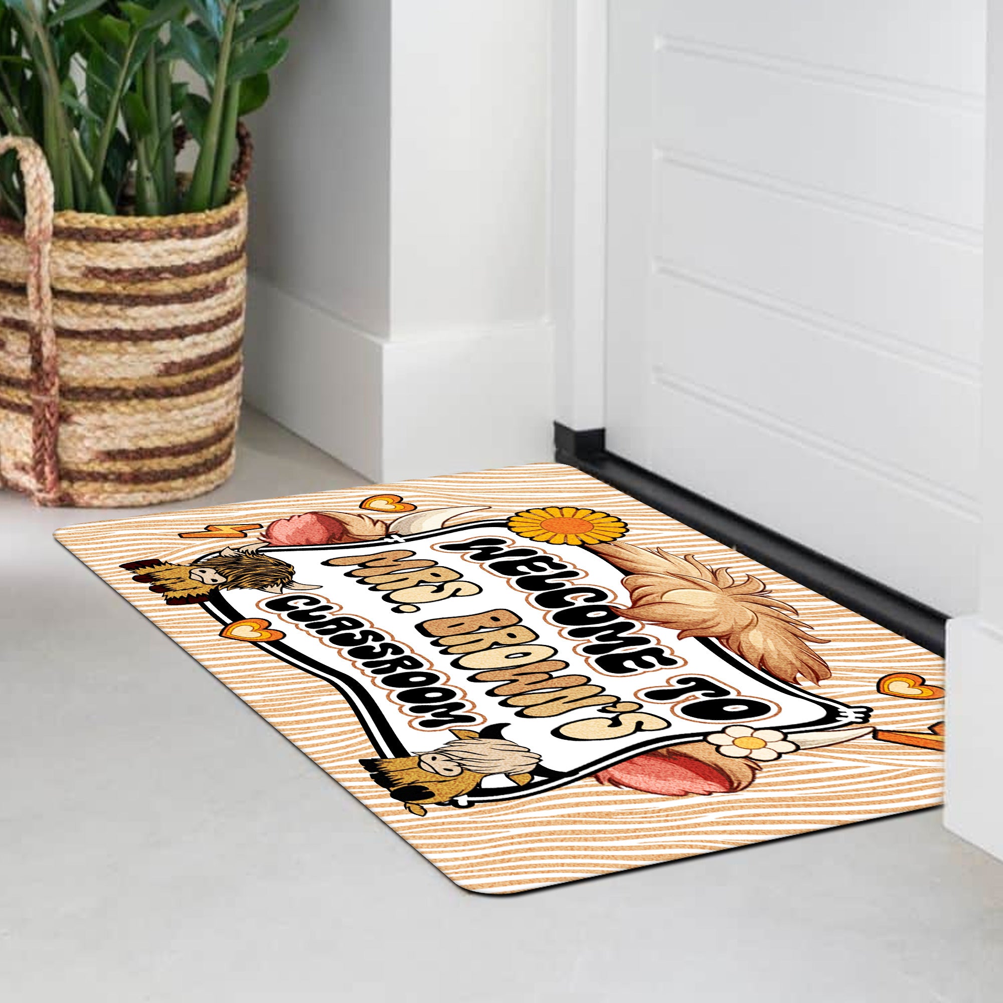 Highland Cow Teacher Doormat - Welcome to the Classroom Rug - Rustic Farm Animal Decor for Teachers