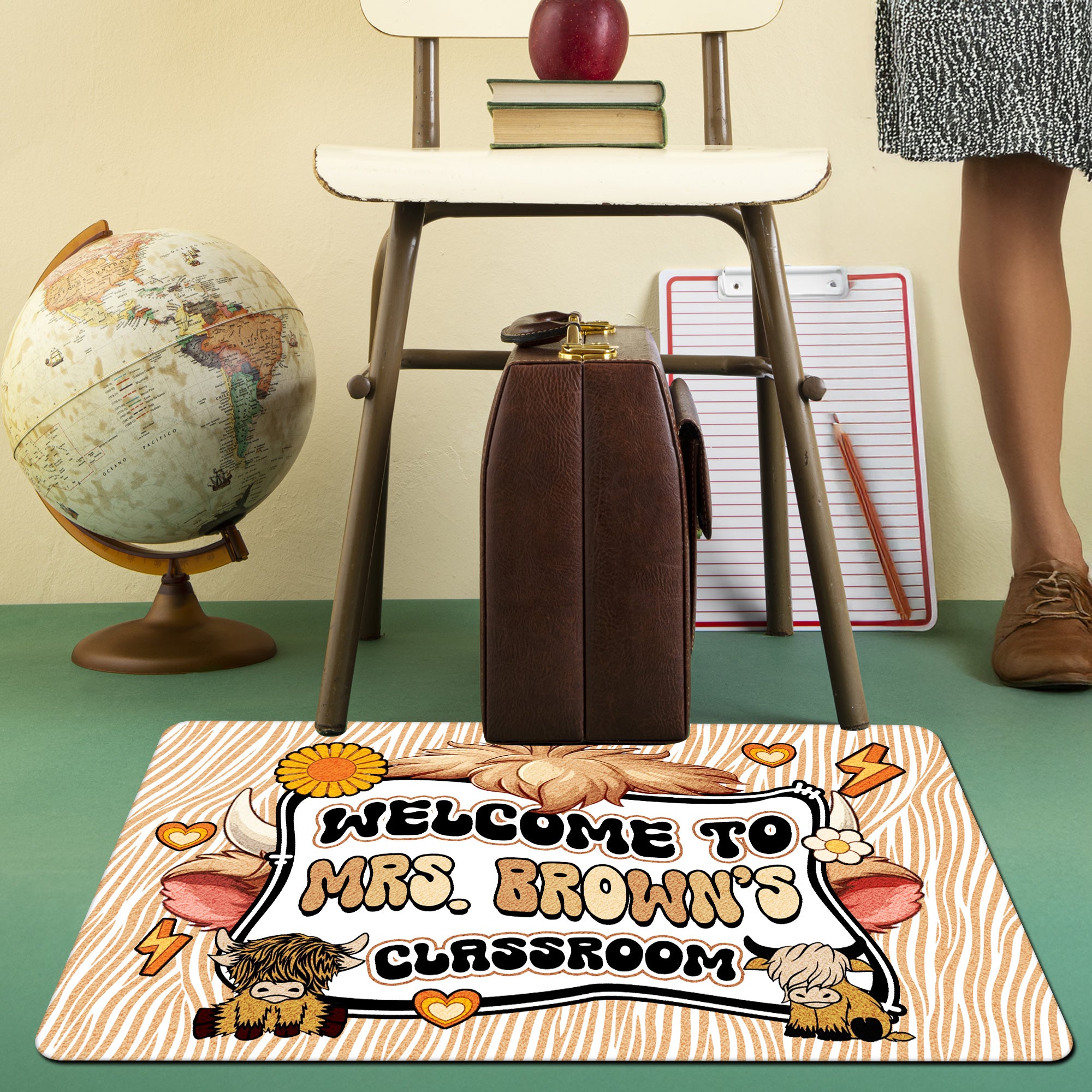 Highland Cow Teacher Doormat - Welcome to the Classroom Rug - Rustic Farm Animal Decor for Teachers