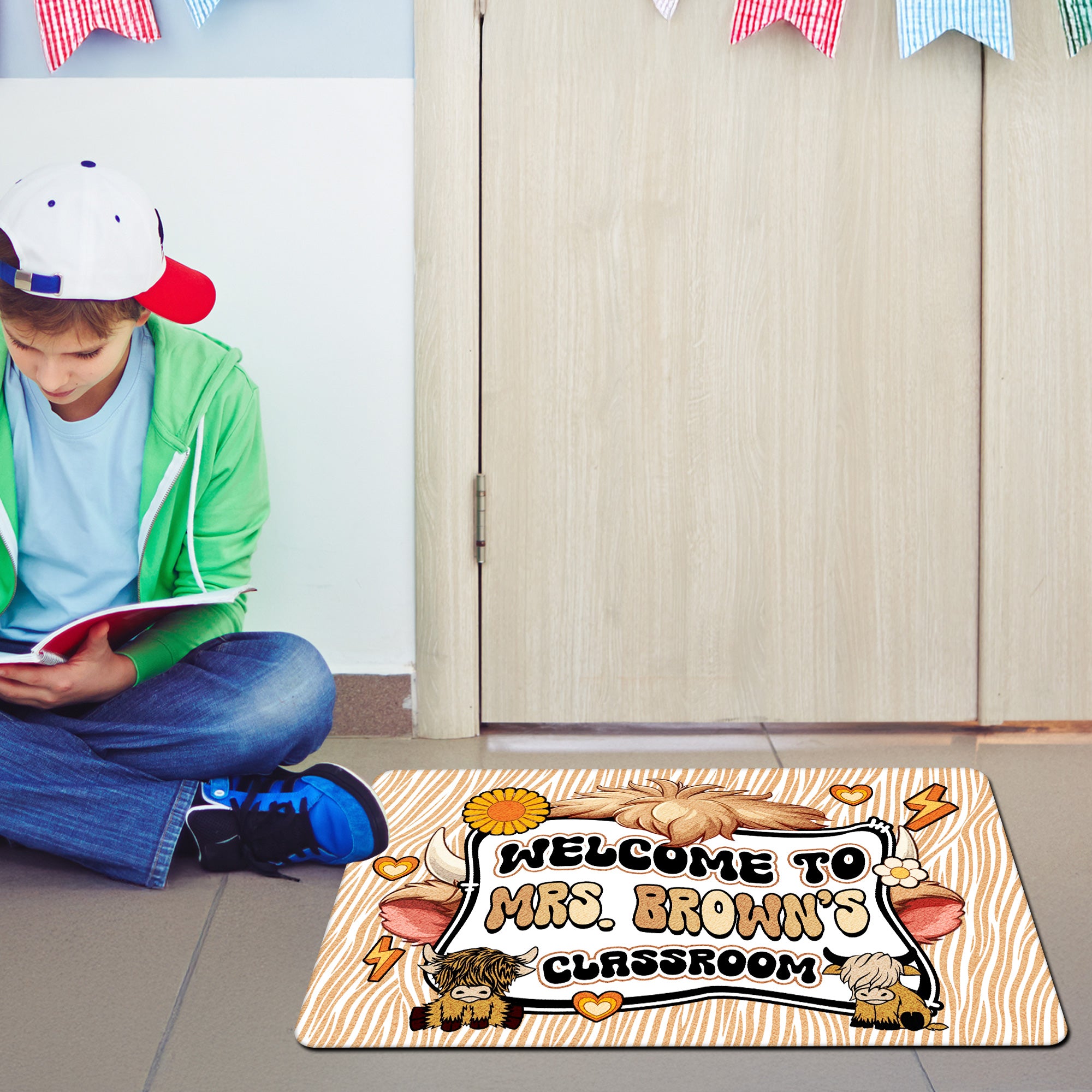 Highland Cow Teacher Doormat - Welcome to the Classroom Rug - Rustic Farm Animal Decor for Teachers