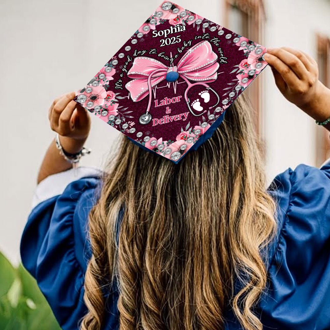 Personalized Labor and Delivery Graduation Cap Topper, Pink Bow