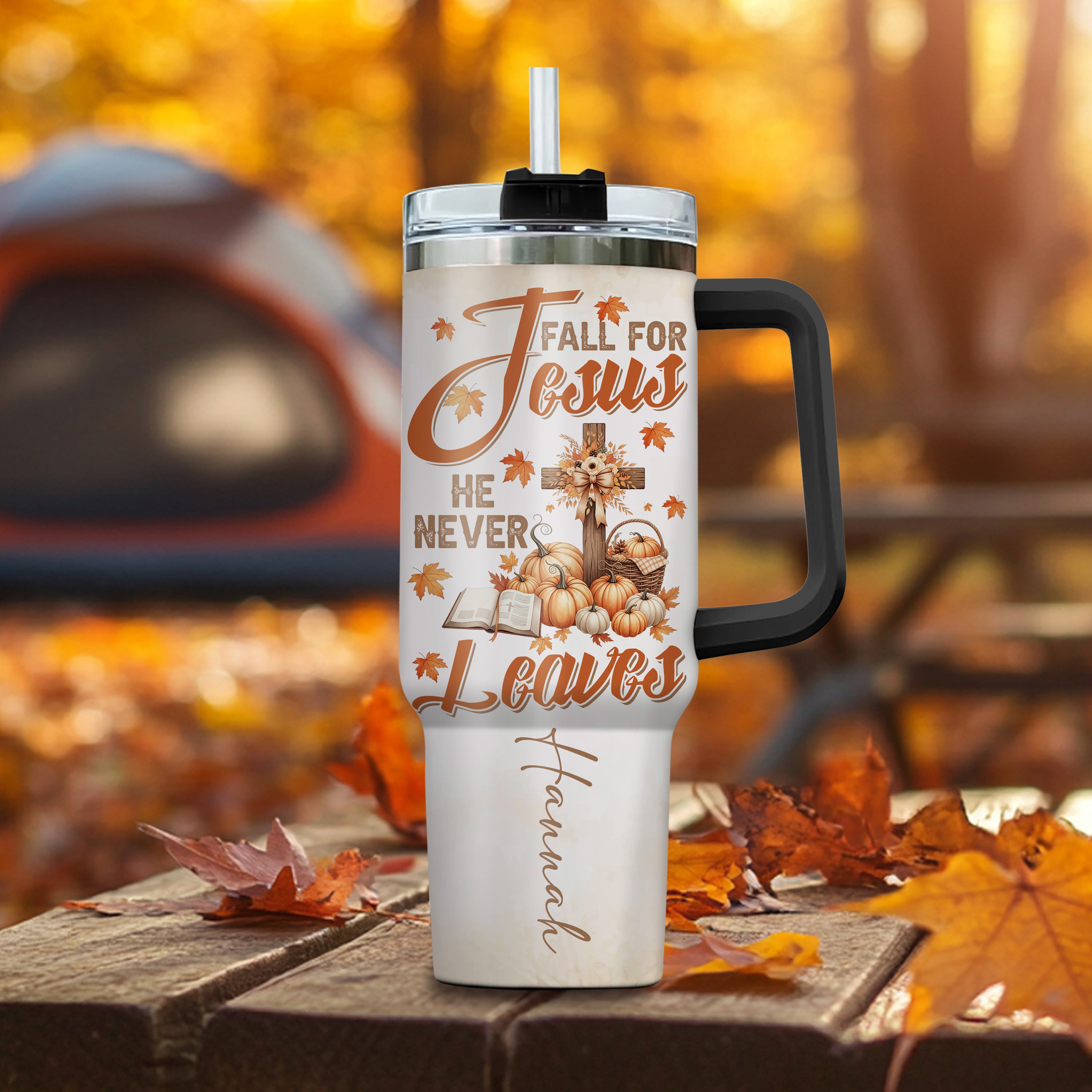 Personalized Christian Fall Tumbler 40oz | Fall for Jesus He Never Leaves Cup | Custom Name Faith Mug with Handle