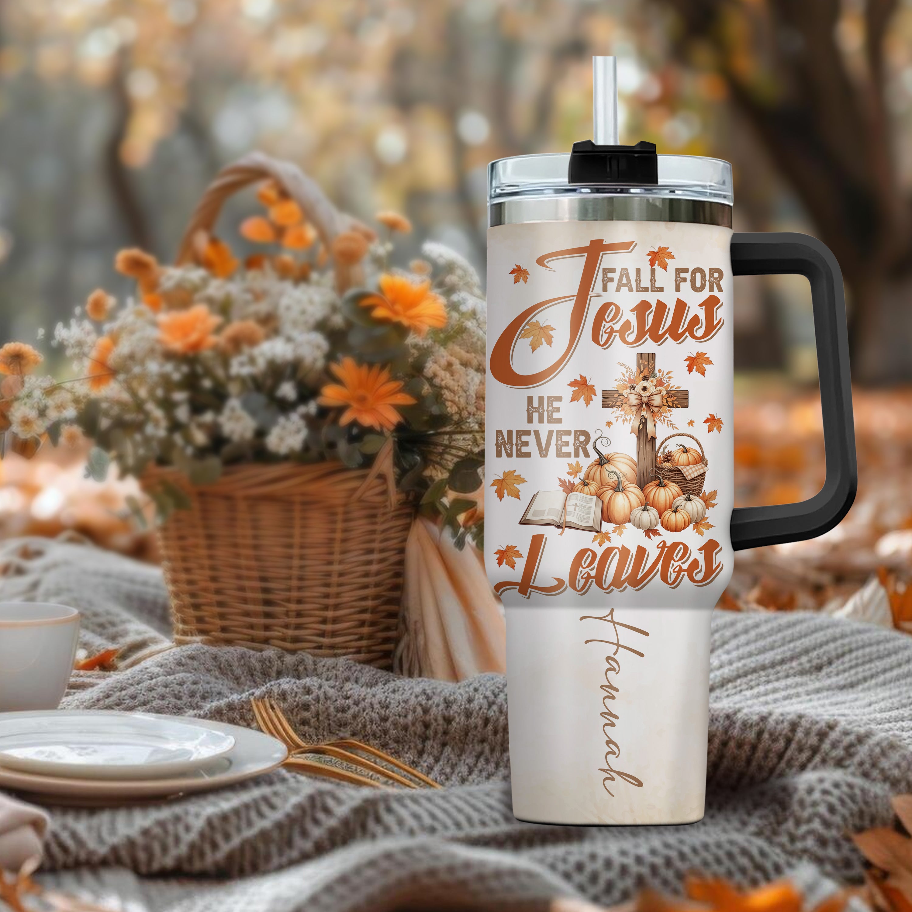 Personalized Christian Fall Tumbler 40oz | Fall for Jesus He Never Leaves Cup | Custom Name Faith Mug with Handle