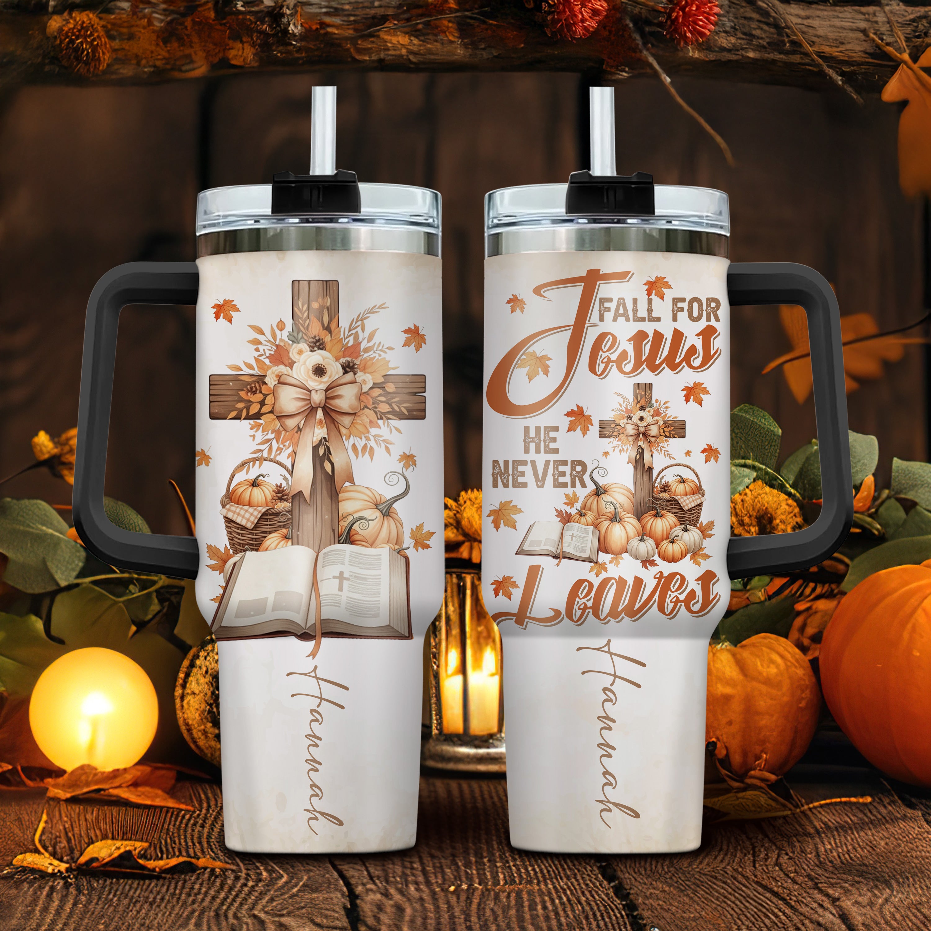 Personalized Christian Fall Tumbler 40oz | Fall for Jesus He Never Leaves Cup | Custom Name Faith Mug with Handle