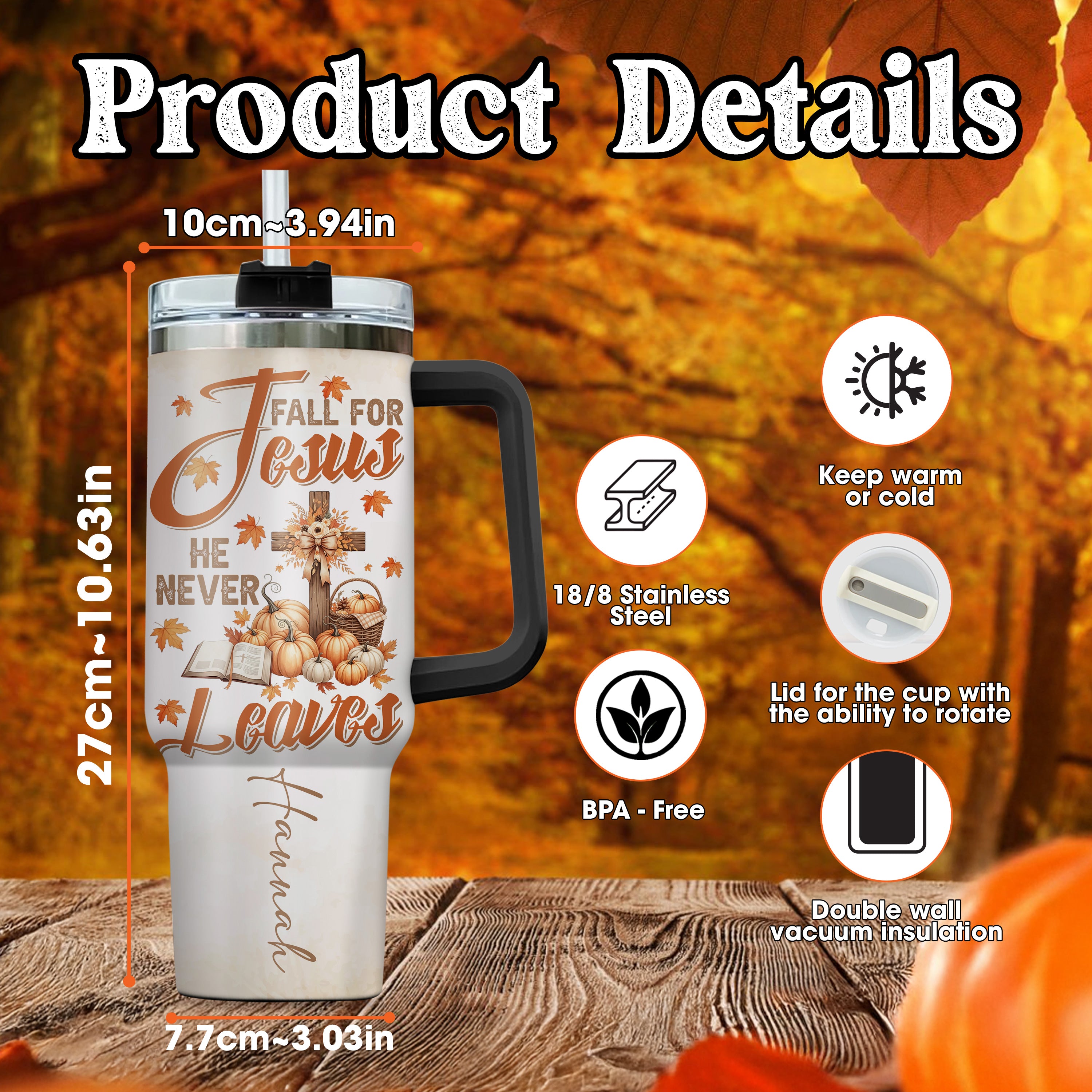 Personalized Christian Fall Tumbler 40oz | Fall for Jesus He Never Leaves Cup | Custom Name Faith Mug with Handle