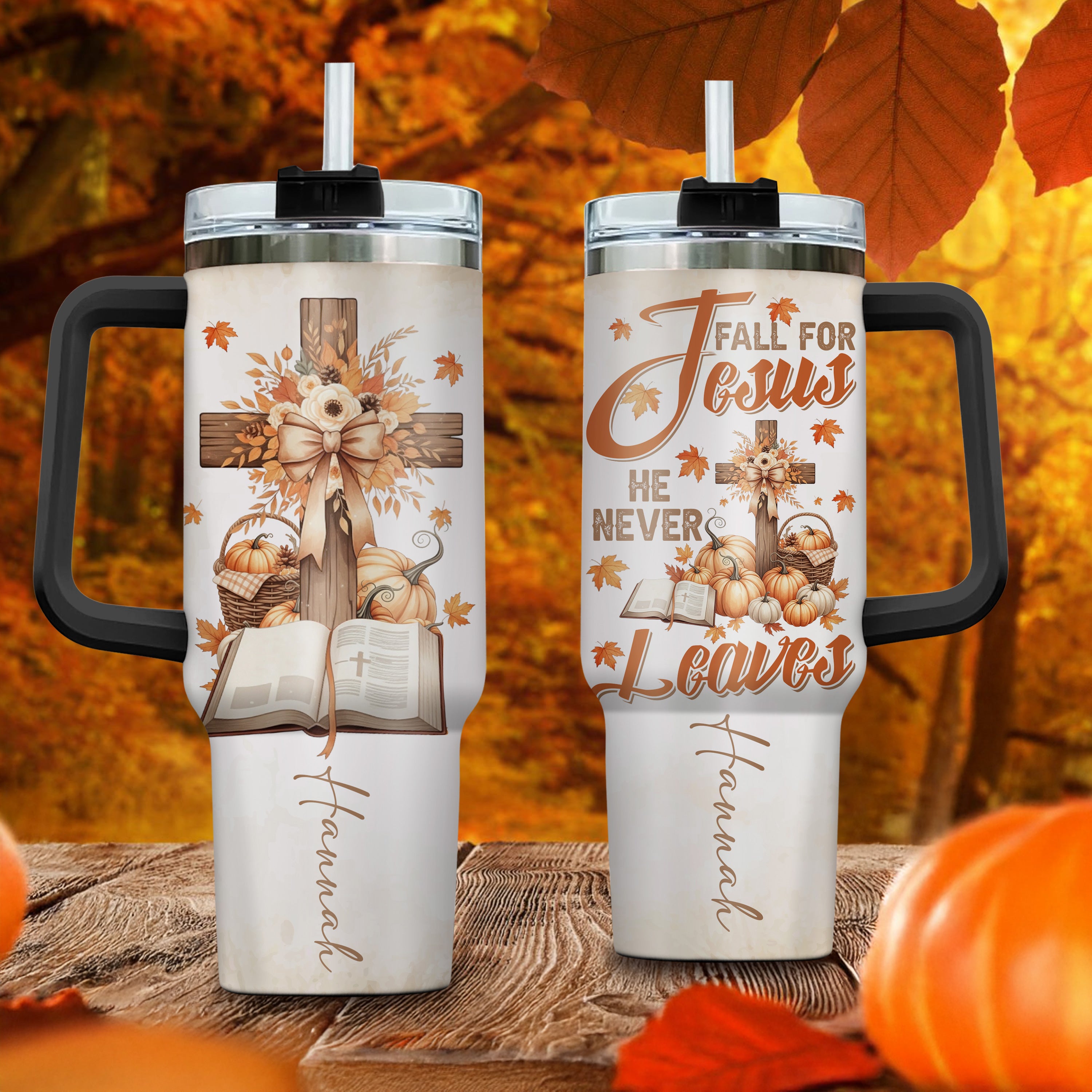 Personalized Christian Fall Tumbler 40oz | Fall for Jesus He Never Leaves Cup | Custom Name Faith Mug with Handle