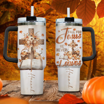 Personalized Christian Fall Tumbler 40oz | Fall for Jesus He Never Leaves Cup | Custom Name Faith Mug with Handle