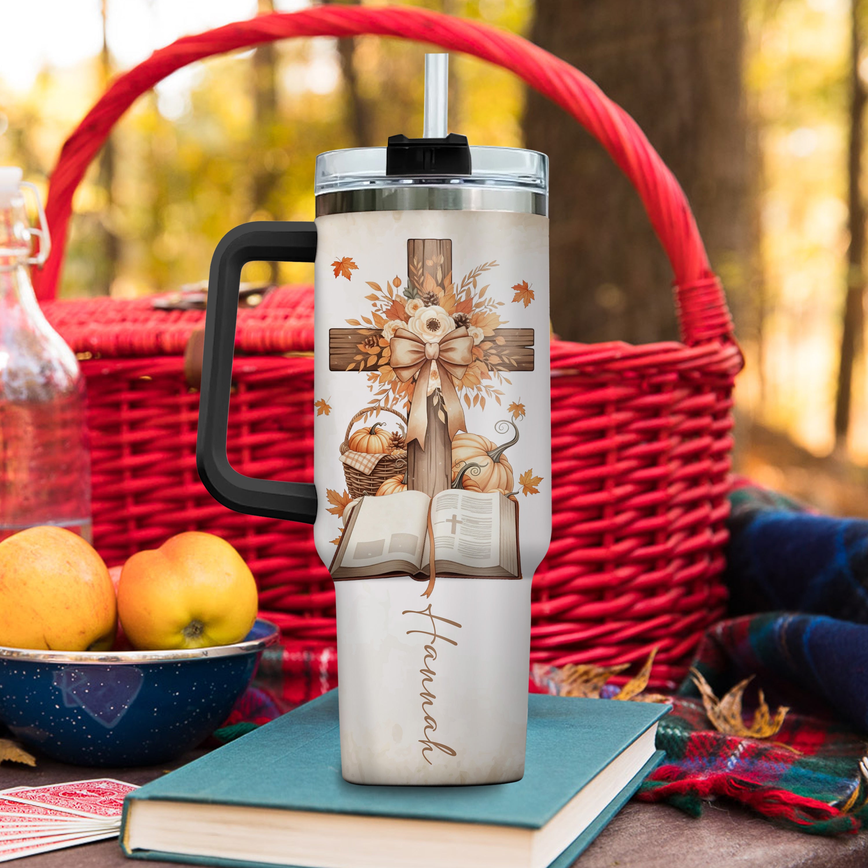 Personalized Christian Fall Tumbler 40oz | Fall for Jesus He Never Leaves Cup | Custom Name Faith Mug with Handle