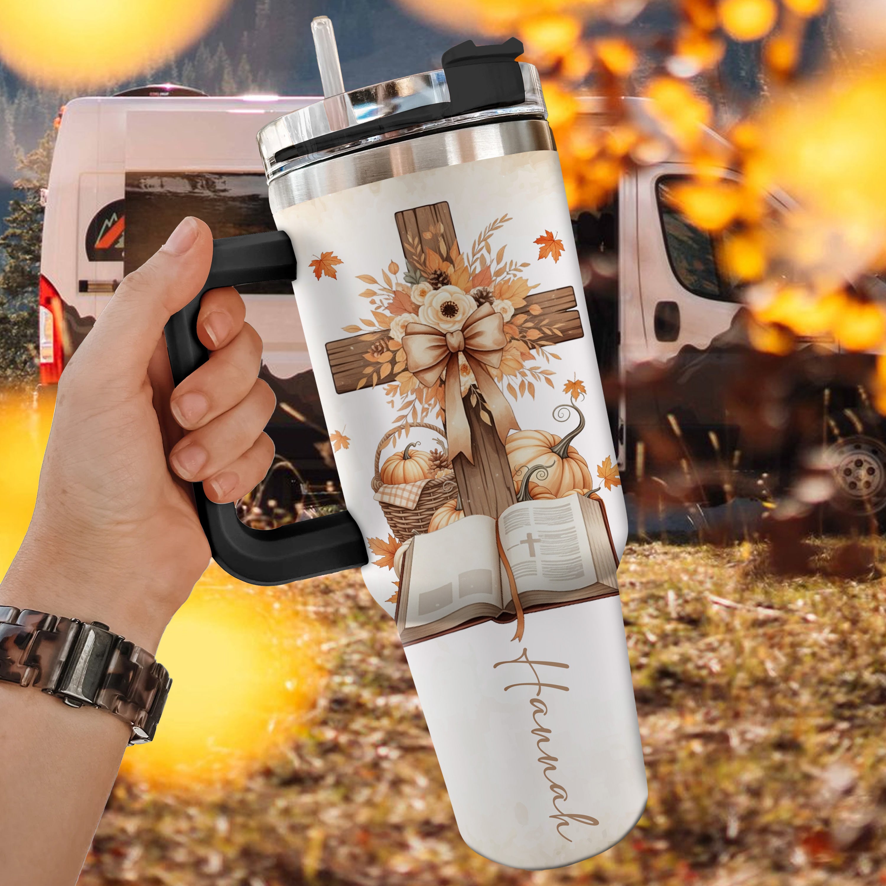 Personalized Christian Fall Tumbler 40oz | Fall for Jesus He Never Leaves Cup | Custom Name Faith Mug with Handle