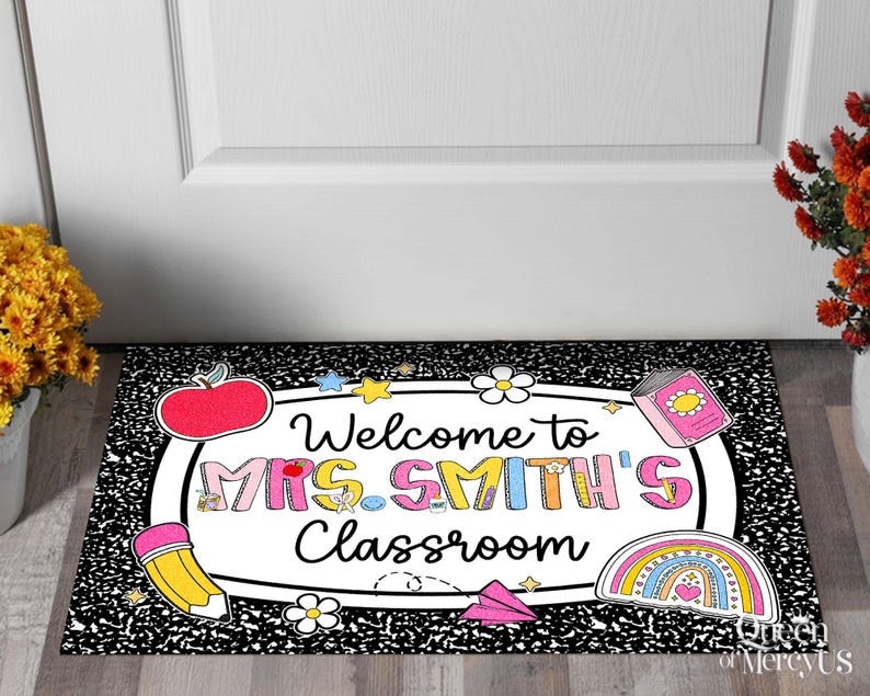 Personalized Teacher Classroom Doormat, Composition Book Doormat, Custom Teacher Welcome Doormat