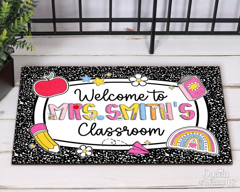 Personalized Teacher Classroom Doormat, Composition Book Doormat, Custom Teacher Welcome Doormat