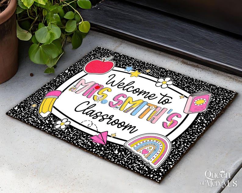 Personalized Teacher Classroom Doormat, Composition Book Doormat, Custom Teacher Welcome Doormat