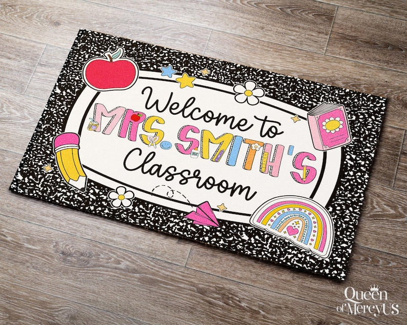 Personalized Teacher Classroom Doormat, Composition Book Doormat, Custom Teacher Welcome Doormat