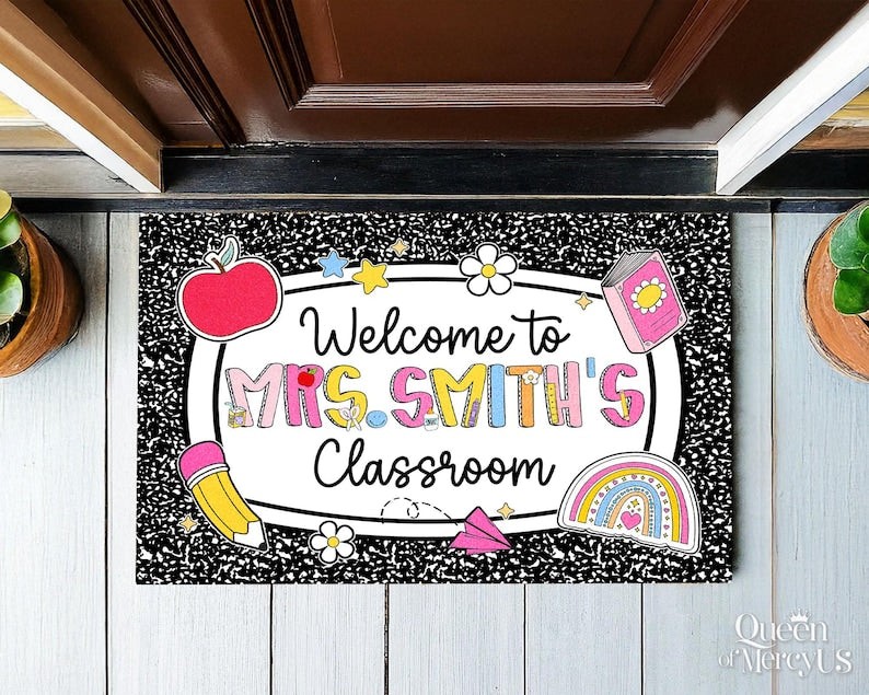 Personalized Teacher Classroom Doormat, Composition Book Doormat, Custom Teacher Welcome Doormat