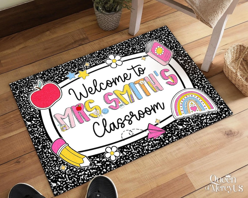 Personalized Teacher Classroom Doormat, Composition Book Doormat, Custom Teacher Welcome Doormat