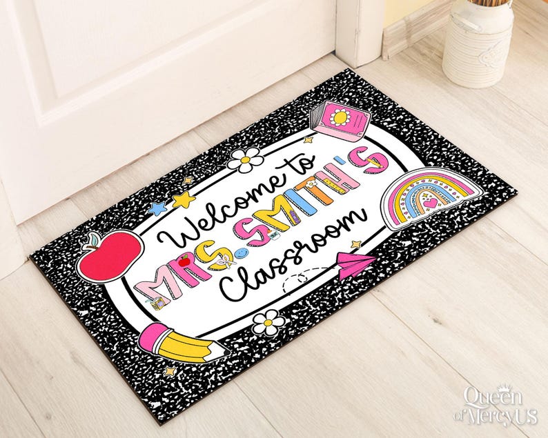 Personalized Teacher Classroom Doormat, Composition Book Doormat, Custom Teacher Welcome Doormat