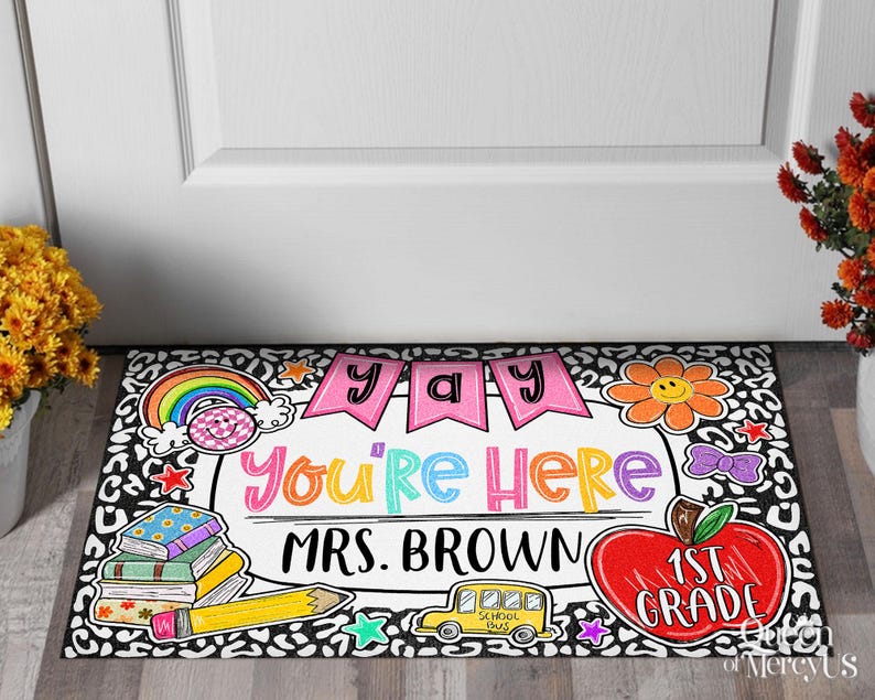 Personalized Teacher Classroom Doormat, Composition Notebook Classroom Decor