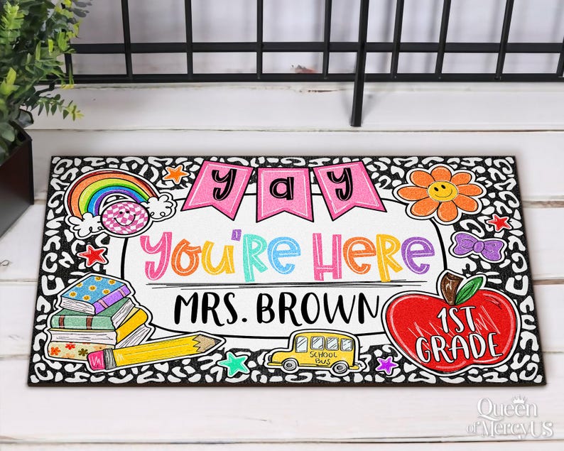 Personalized Teacher Classroom Doormat, Composition Notebook Classroom Decor