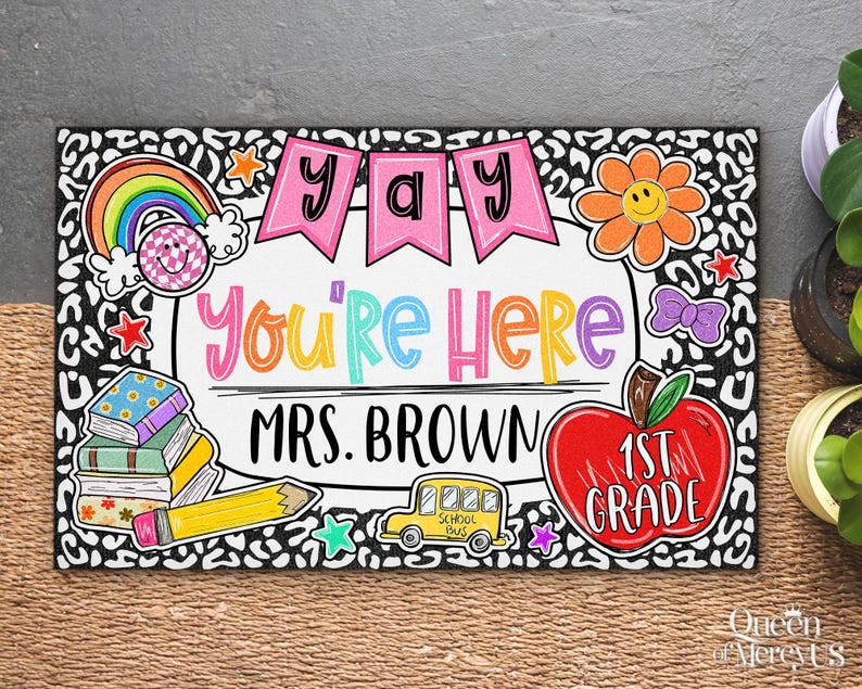 Personalized Teacher Classroom Doormat, Composition Notebook Classroom Decor