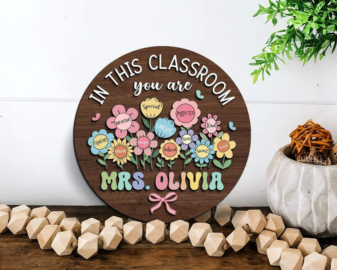 Personalized Teacher 3D Door Hanger, Boho Floral Teacher Doorsign, In This Classroom Teacher Name Sign