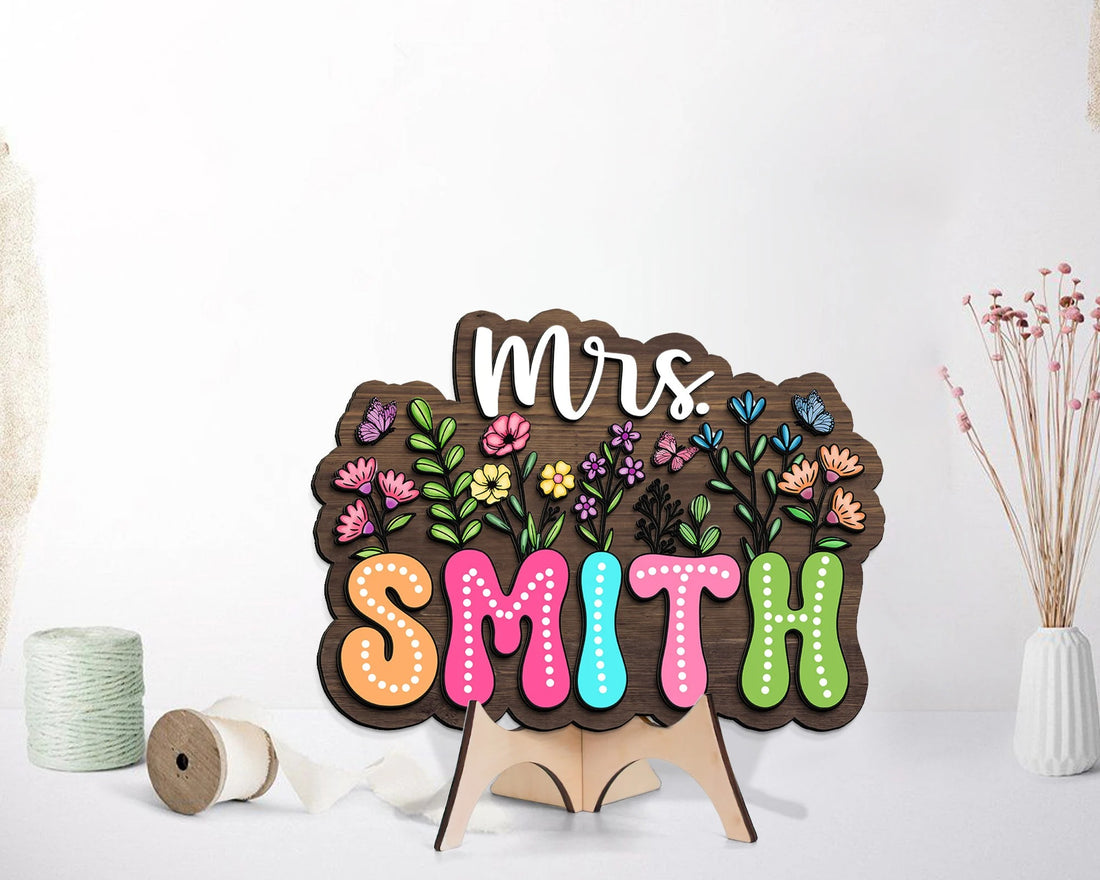 Personalized 3D Teacher Sign, Teacher Door Hanger, Custom Floral Sign For Teacher, Teacher Classroom Decor