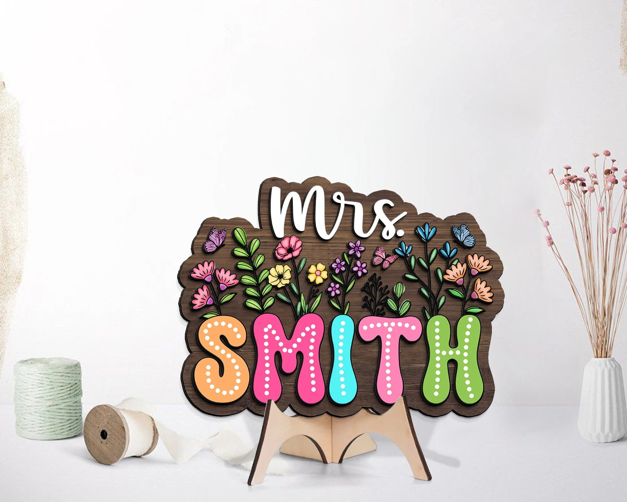 Personalized 3D Teacher Sign, Teacher Door Hanger, Custom Floral Sign For Teacher, Teacher Classroom Decor