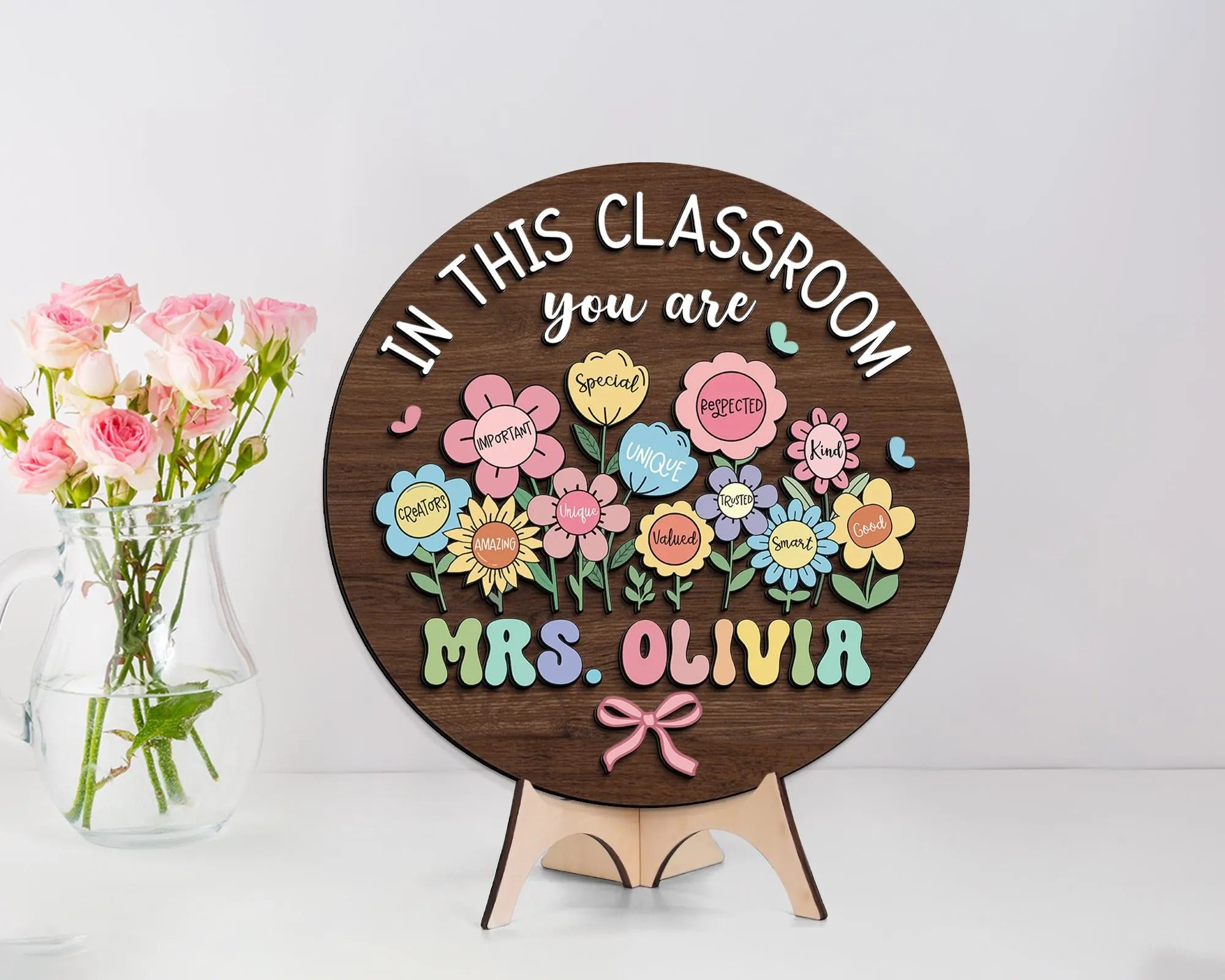 Personalized Teacher 3D Door Hanger, Boho Floral Teacher Doorsign, In This Classroom Teacher Name Sign