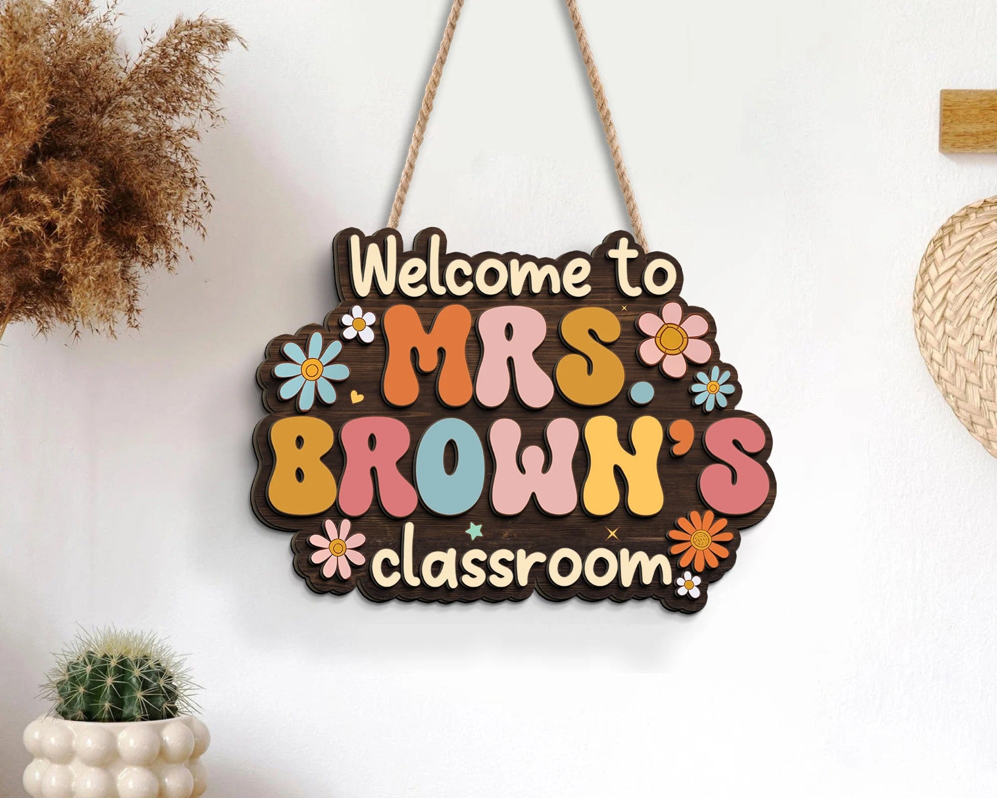 Personalized 3D Teacher Door Hanger, Classroom Welcome Sign, Back To School Gift, Teacher Desk Name Plate, Groovy Teacher Sign