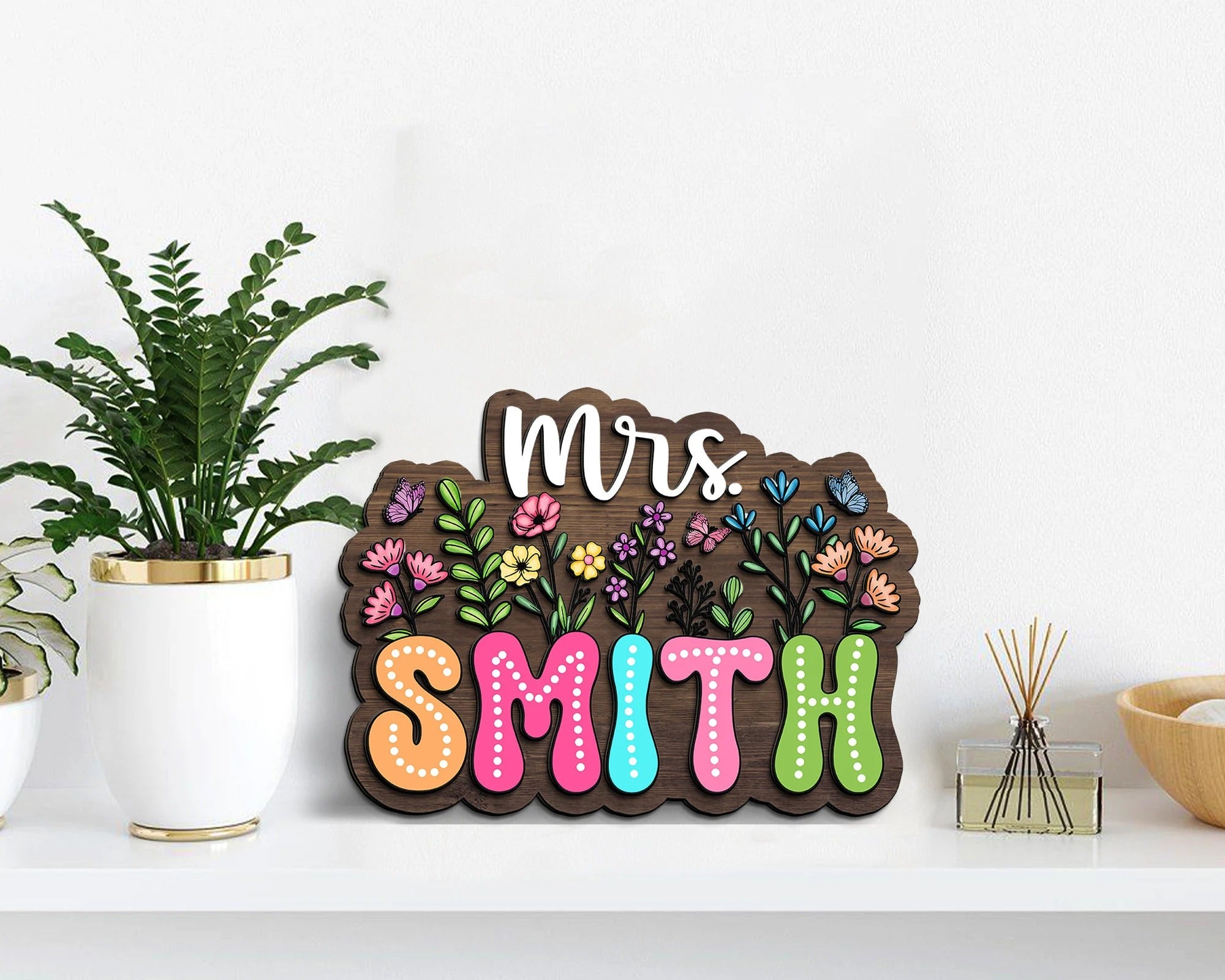 Personalized 3D Teacher Sign, Teacher Door Hanger, Custom Floral Sign For Teacher, Teacher Classroom Decor