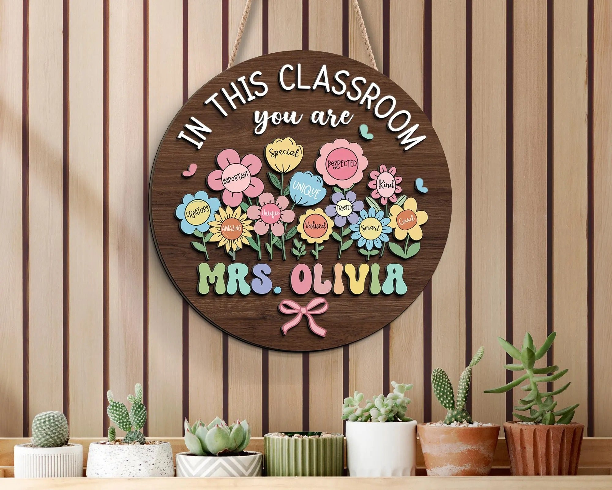 Personalized Teacher 3D Door Hanger, Boho Floral Teacher Doorsign, In This Classroom Teacher Name Sign