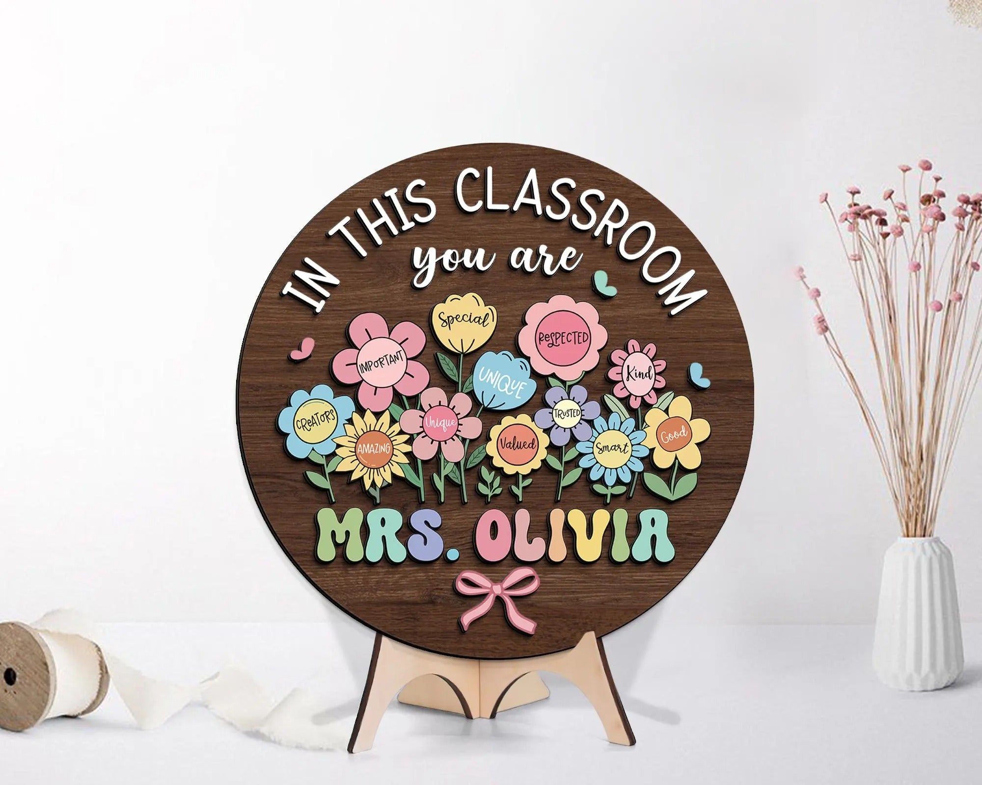 Personalized Teacher 3D Door Hanger, Boho Floral Teacher Doorsign, In This Classroom Teacher Name Sign