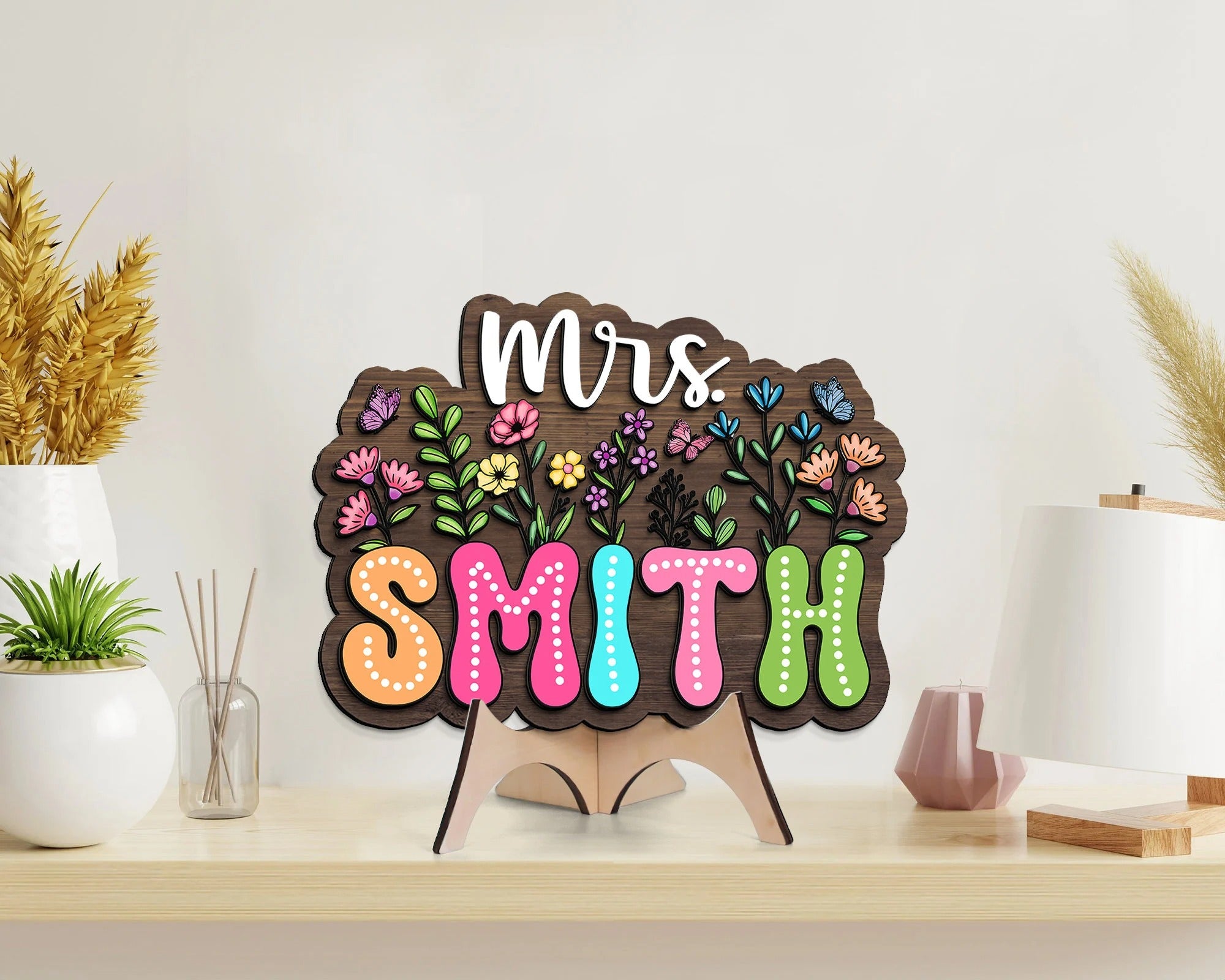 Personalized 3D Teacher Sign, Teacher Door Hanger, Custom Floral Sign For Teacher, Teacher Classroom Decor