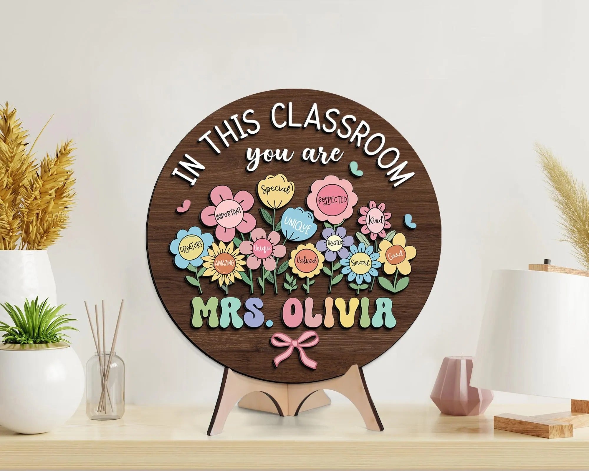 Personalized Teacher 3D Door Hanger, Boho Floral Teacher Doorsign, In This Classroom Teacher Name Sign