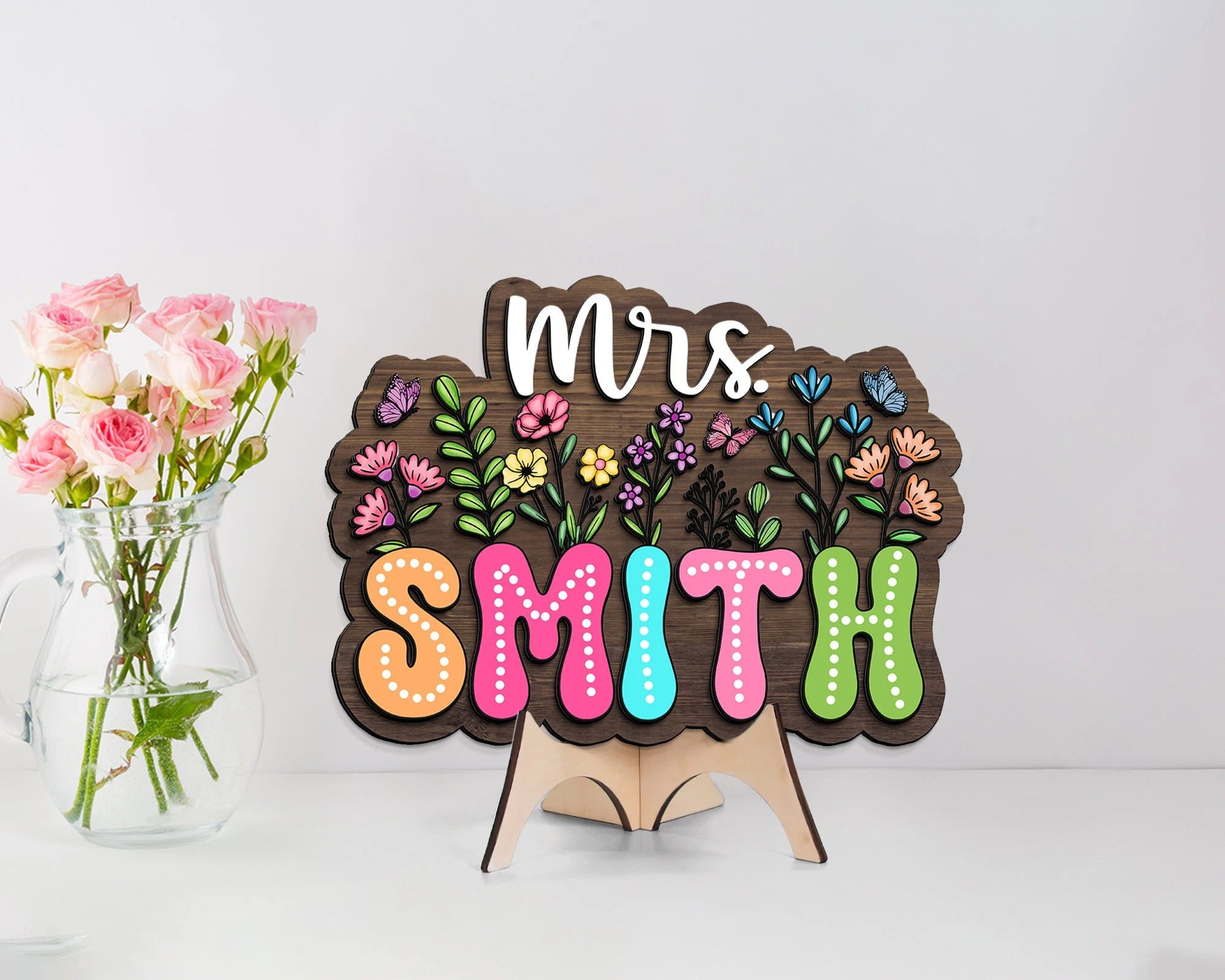 Personalized 3D Teacher Sign, Teacher Door Hanger, Custom Floral Sign For Teacher, Teacher Classroom Decor