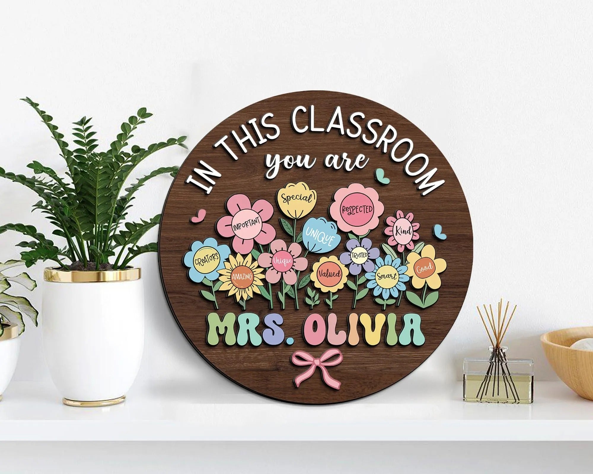 Personalized Teacher 3D Door Hanger, Boho Floral Teacher Doorsign, In This Classroom Teacher Name Sign